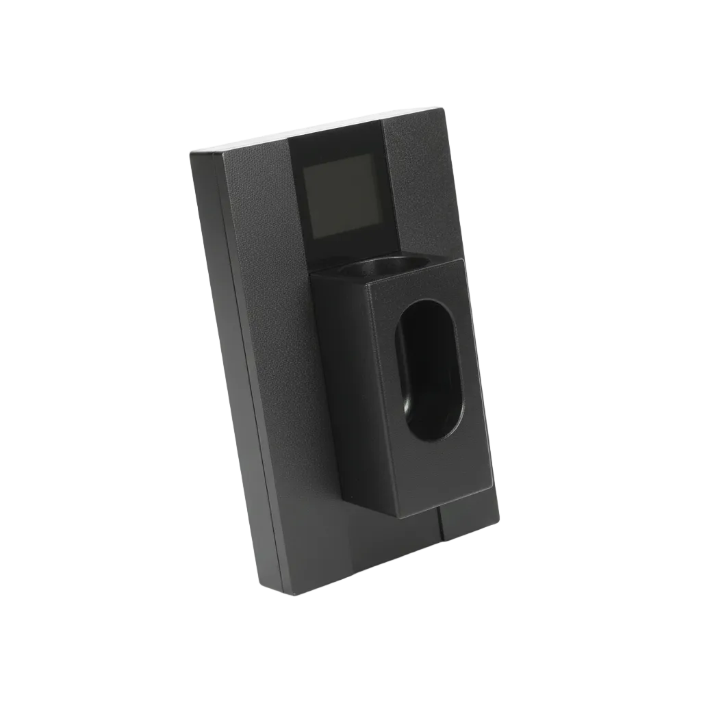 A matte black electronic device with a textured finish, featuring a small rectangular screen and a central oval cutout, shown on a clean white background.