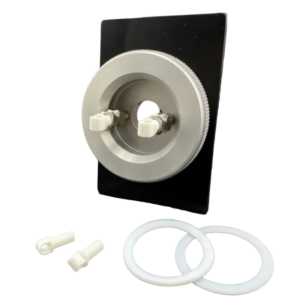 Mechanical component with screws and washers on a black background