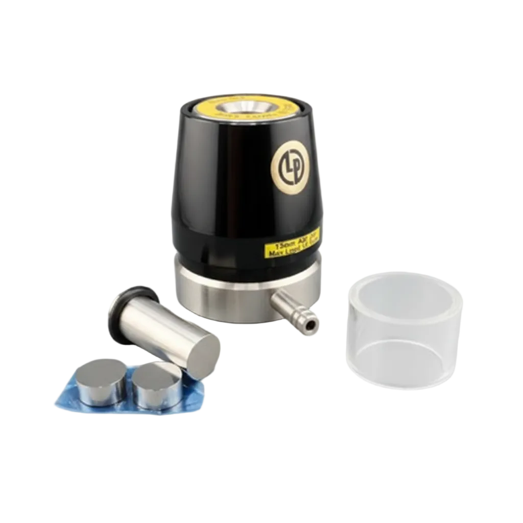 A black and silver vape device with a clear mouthpiece, shown alongside two silver coils on blue packaging and a clear protective cover, on a light gray background.