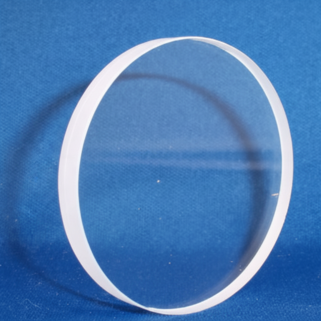 A clear, thick circular acrylic ring or lens stand photographed against a textured blue background.