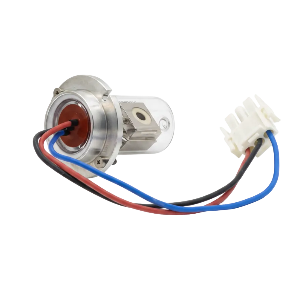 A small cylindrical metal electronic component with a clear plastic section, a red circular interior, and three attached wires in red, black, and blue, plus a white multi-pin connector on one end, photographed on a clean white background.