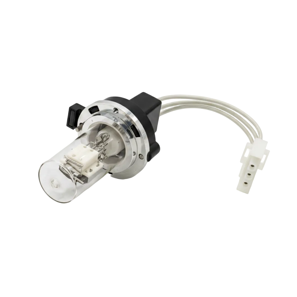 A replacement incandescent light bulb with a clear glass envelope, silver metal base, black plastic collar, and white wire connector, photographed on a clean white background.