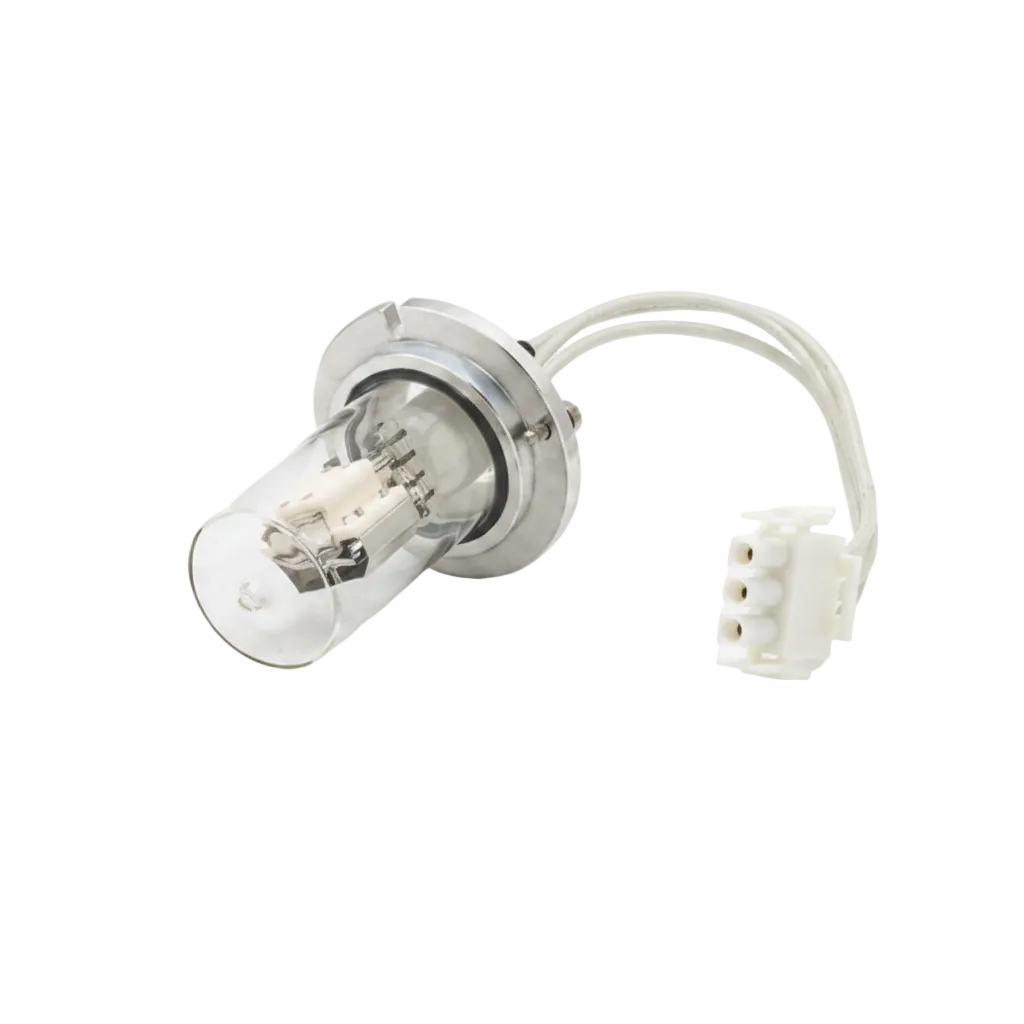 A car headlight bulb with an integrated reflector, clear glass envelope, and white plastic multi-pin connector wire, photographed on a seamless white background.