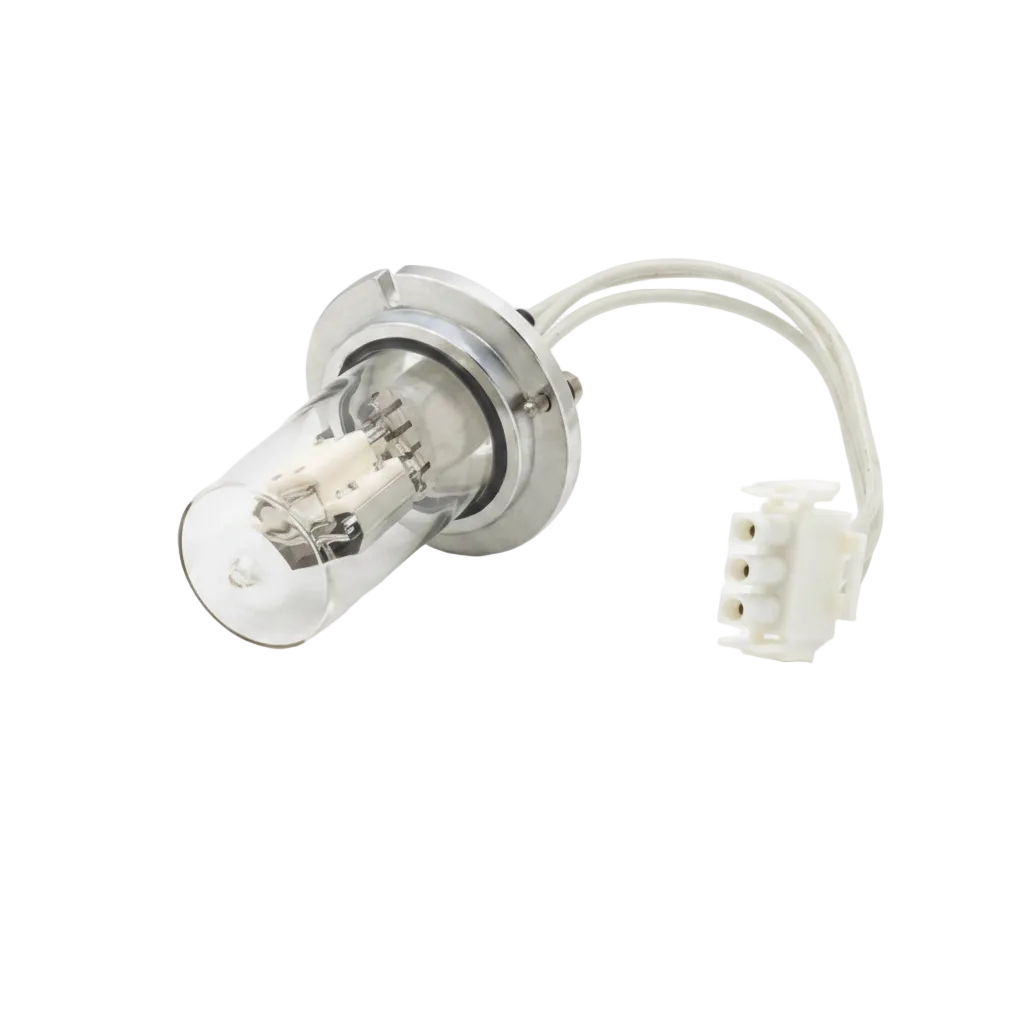 A car headlight bulb with an integrated reflector, clear glass envelope, and white plastic multi-pin connector wire, photographed on a seamless white background.