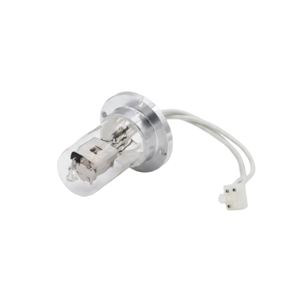 A clear glass automotive or motorcycle light bulb with a silver metal base and two attached white wires, shown on a plain white background.