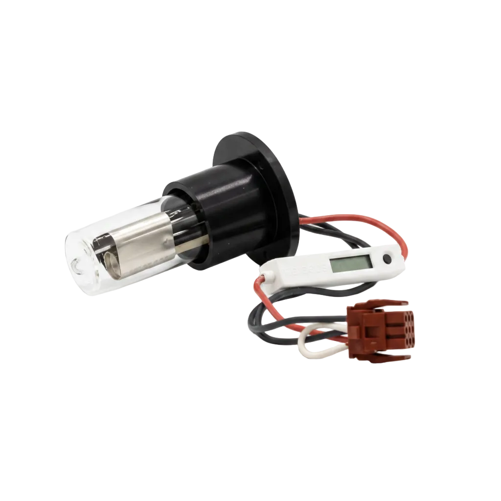 A car light bulb with a clear glass envelope, black base, and attached white digital temperature controller with red and black wires, plus a brown connector, photographed on a white background.