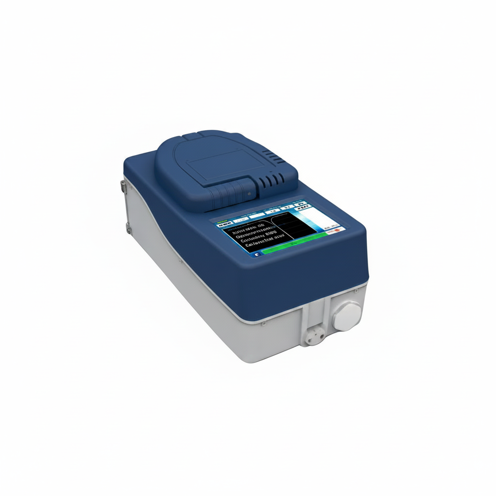 Blue and gray electronic device with a screen on a white background