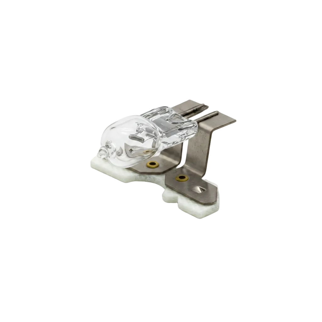 A miniature clear glass light bulb with a silver metal clip and white ceramic base, shown on a clean white background.