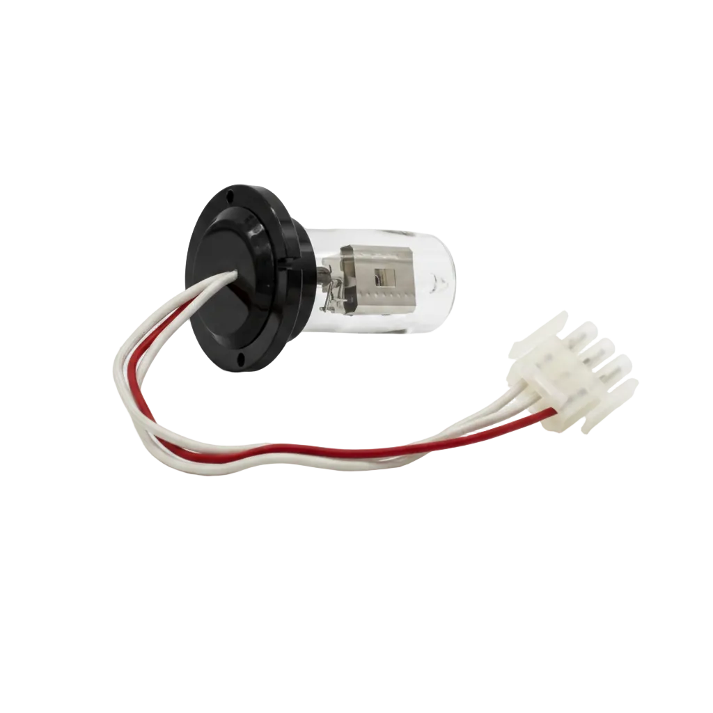 A replacement light bulb with a black circular base, a clear glass tube, and attached white and red wires ending in a white multi-pin connector, photographed on a white background.