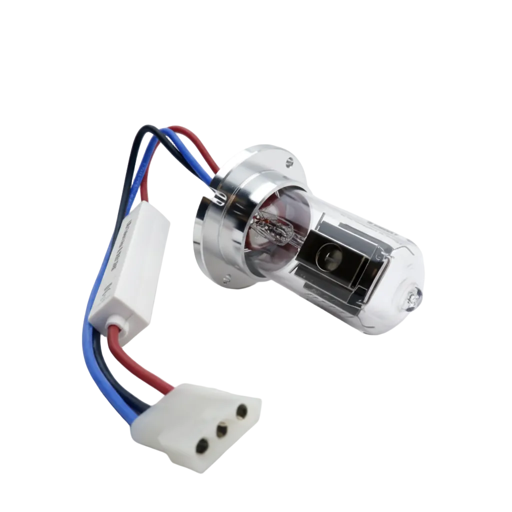 A Perkin Elmer Series 200 DAD Phase 1 and 2 Deuterium Lamp with a clear glass envelope, silver metal base, and attached white connector with red, blue, and black wires, shown on a white background with text below.