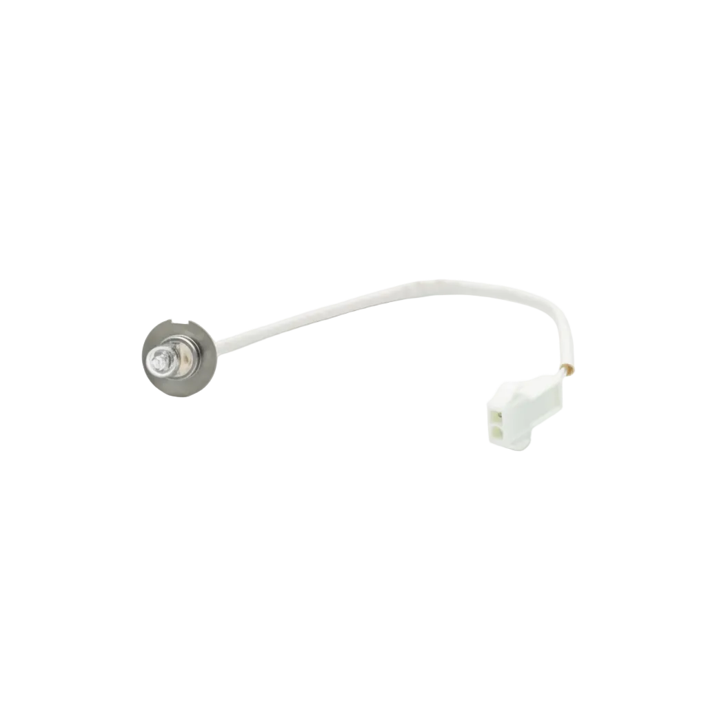 A replacement light bulb with a white wire and a white plastic connector, featuring a silver metal base with a clear glass bulb, shown on a plain white background.