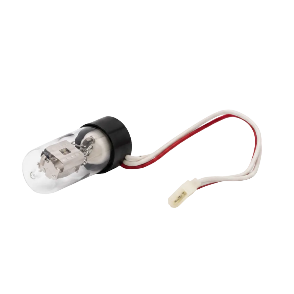 A clear glass light bulb with a black plastic base and attached white wire harness with red and white leads, photographed on a clean white background.
