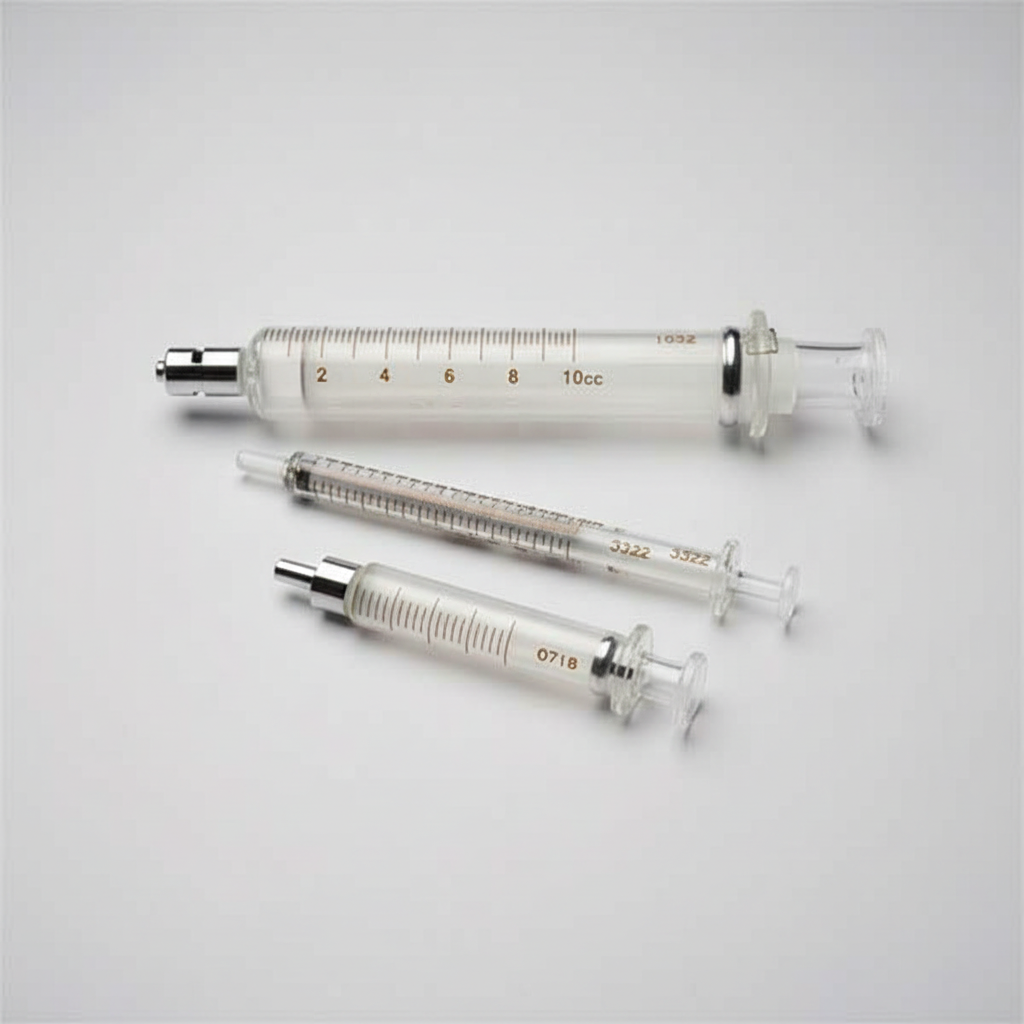Three medical syringes with different capacities on a dark background