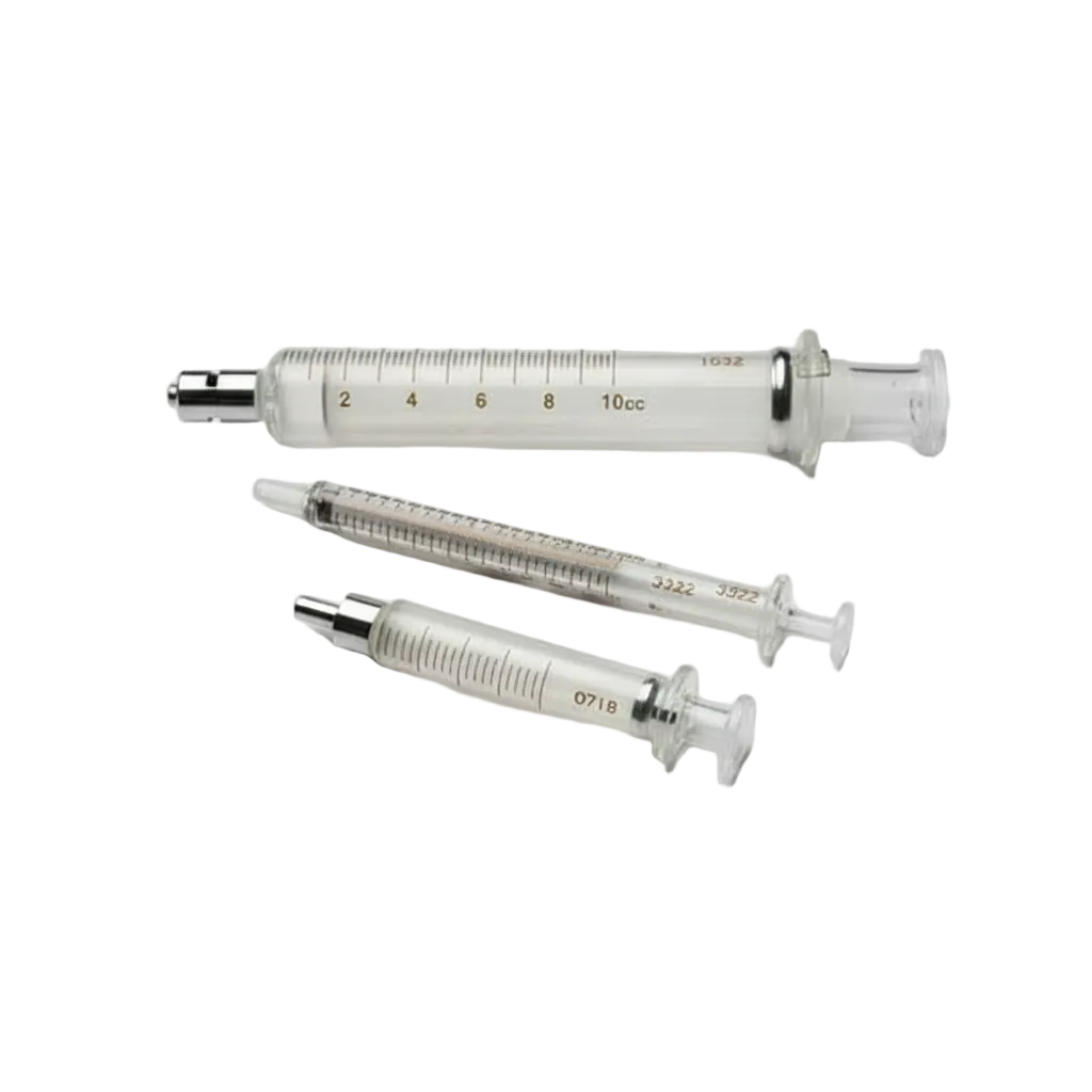 Three medical syringes with different capacities on a dark background