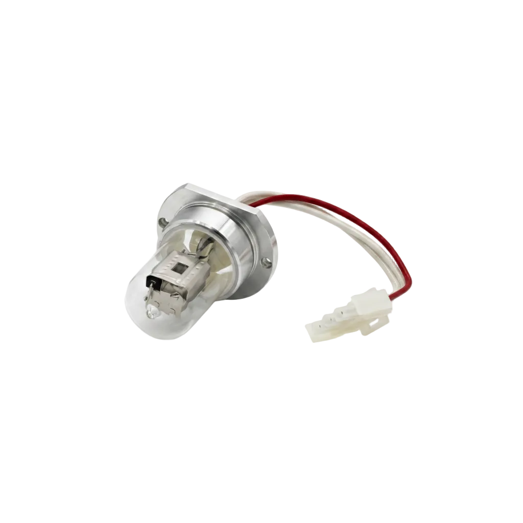 A small automotive-style light bulb with a clear glass envelope, silver metal base, and attached wire connector with red and white wires, photographed on a clean white background.