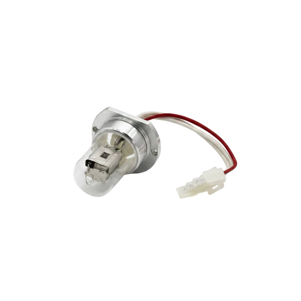 A small automotive-style light bulb with a clear glass envelope, silver metal base, and attached wire connector with red and white wires, photographed on a clean white background.