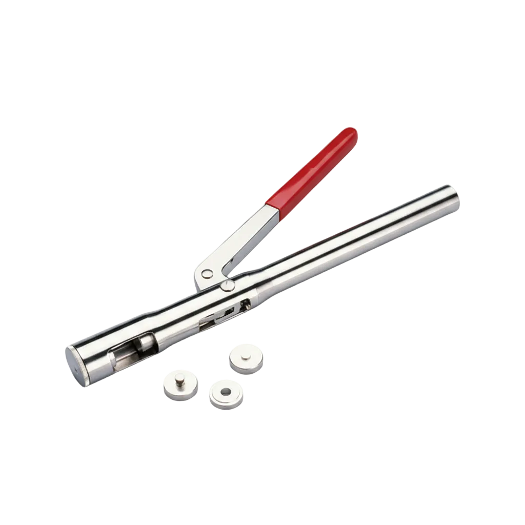 A stainless steel mechanical tool with a red handle, shown on a light gray background with three small white circular accessories.