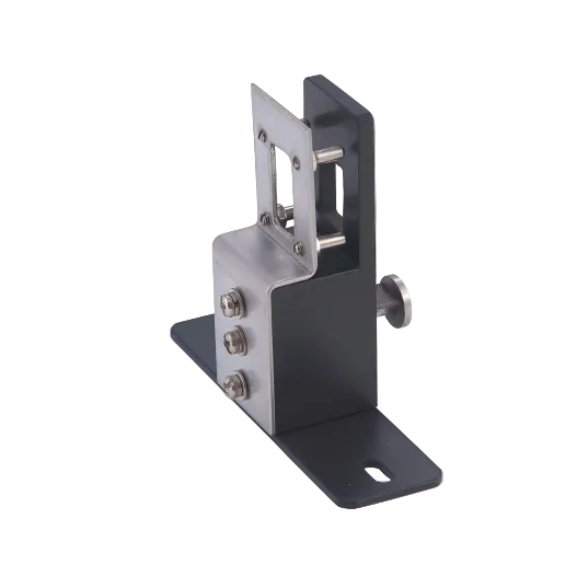 A metal mounting bracket with a black base plate and a silver adjustable bracket section secured by screws and a thumbscrew, shown on a white background.