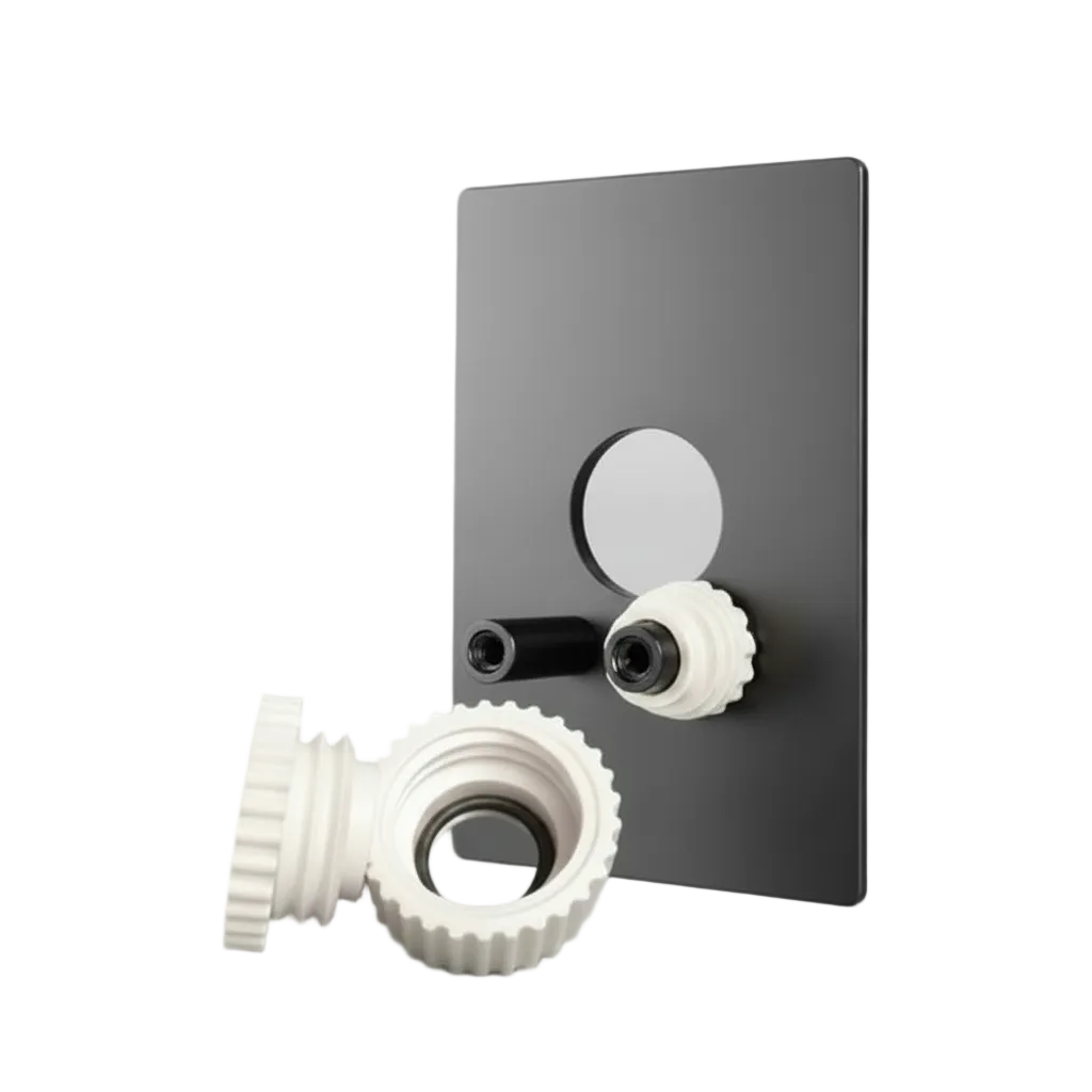 A matte black rectangular wall plate with a circular cutout and two horizontal mounting holes, shown with a white threaded adapter in the foreground on a light gray studio background.