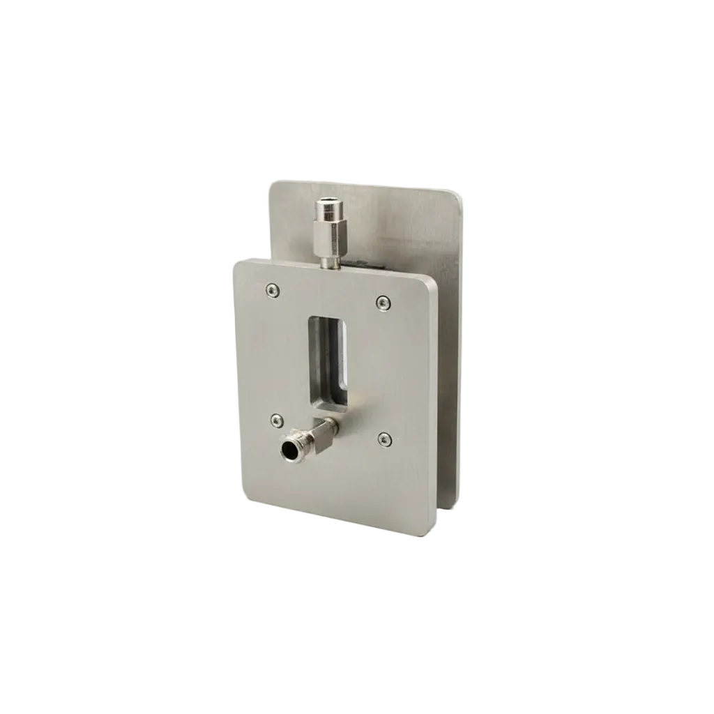 A brushed stainless steel fluid coupling or transmission component with a rectangular mounting plate, a central slot, and two metal connector tubes, shown on a light gray studio background.