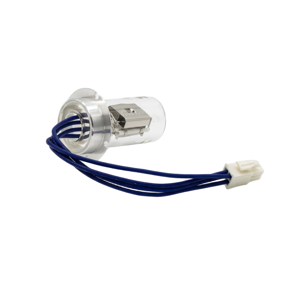 A Jasco 970 975B/C 1570 1575 2070 2075 D2 lamp for 970/975B/C 1570, featuring a clear glass bulb, silver internal metal components, and three blue wires ending in a white connector, shown on a white background with text overlay at the bottom.