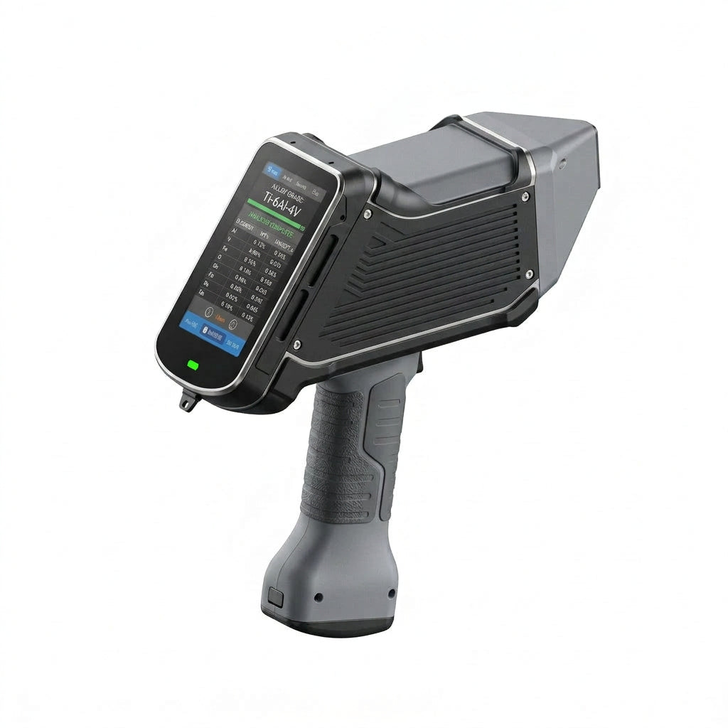 A handheld LIBS device with a gray and black body, featuring a large color display screen on the front and a textured grip handle, shown against a plain white background.
