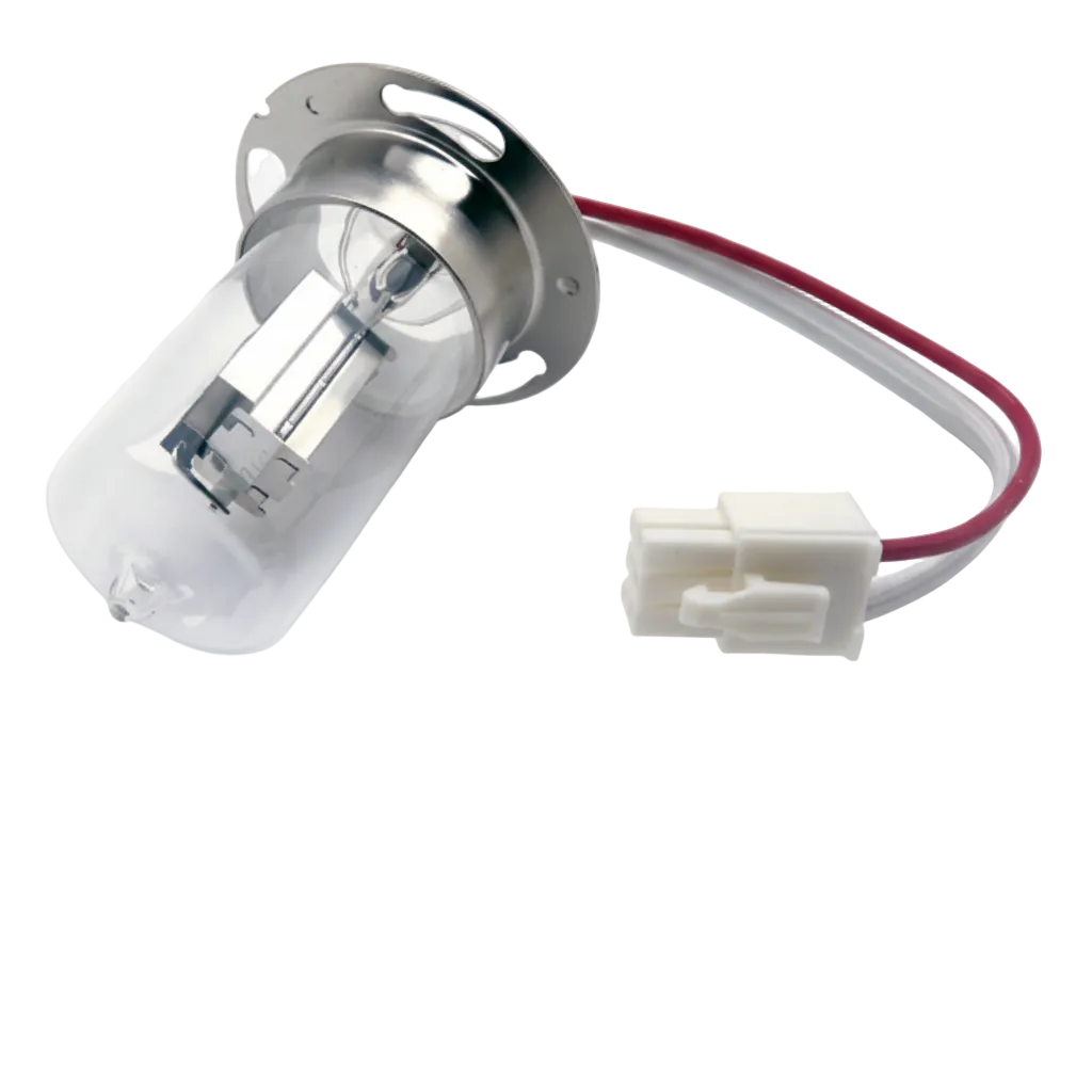 A clear glass automotive-style bulb with a silver metal base, internal filament structure, and a white plastic connector with red and white wires, photographed on a clean white background.