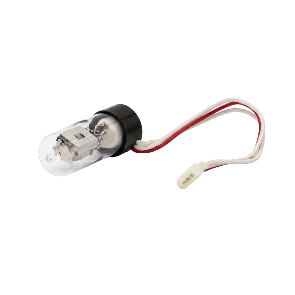 A clear glass light bulb with a black base and attached white wire harness with red and white leads, photographed on a clean white background.