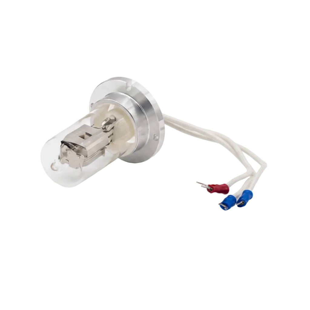 A clear glass automotive-style light bulb with a silver metal base and white wire leads, photographed on a clean white studio background.