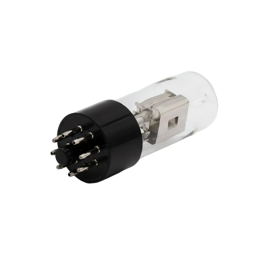 A glass vacuum tube with a black metal base and multiple pins, shown on a clean white background.