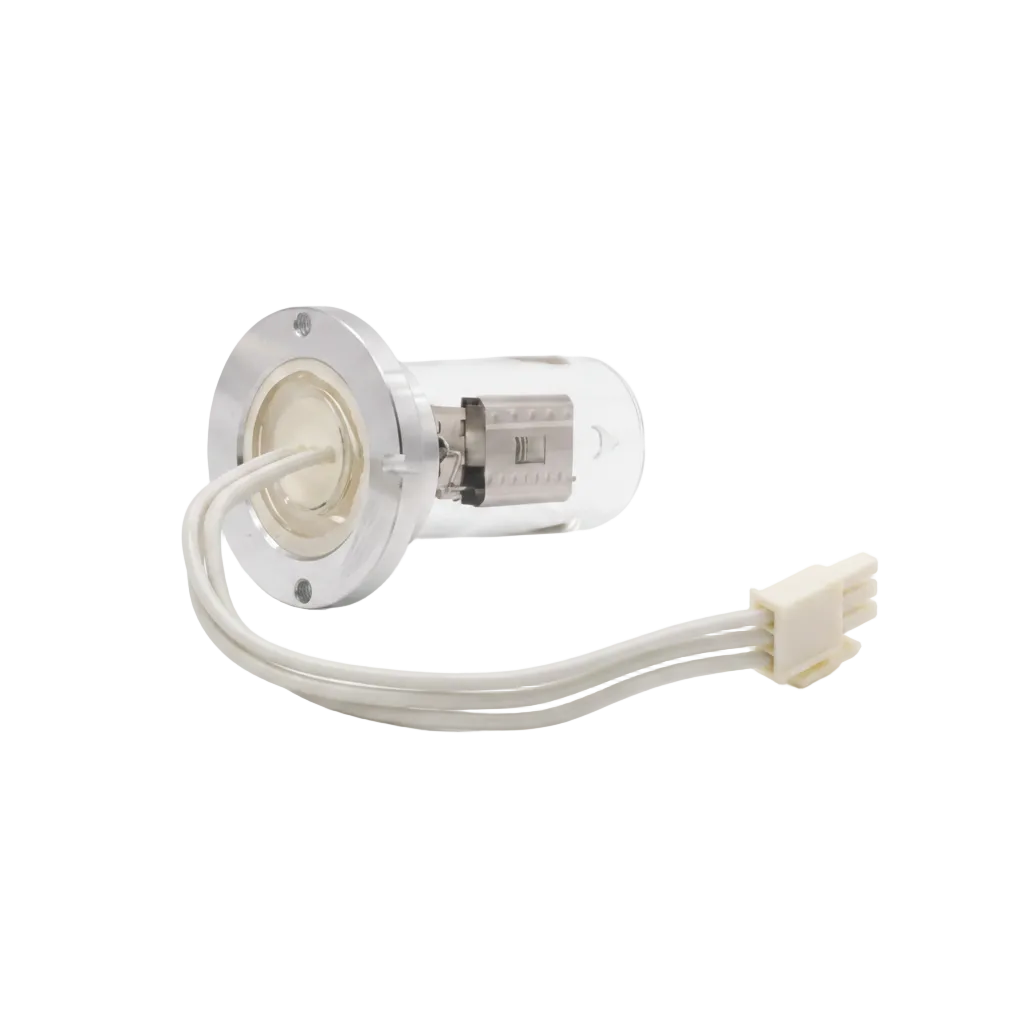 A clear glass automotive-style light bulb with a silver metal base, internal filament structure, and three white wires ending in a cream-colored connector, photographed on a clean white background.