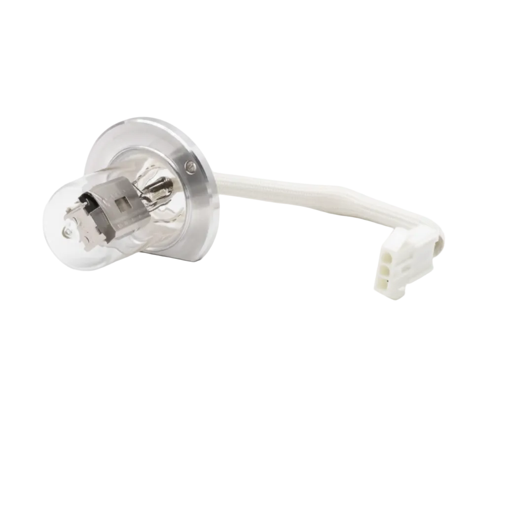 A replacement incandescent light bulb with a clear glass envelope, silver metal base, and white multi-pin connector wire, photographed on a seamless white background.