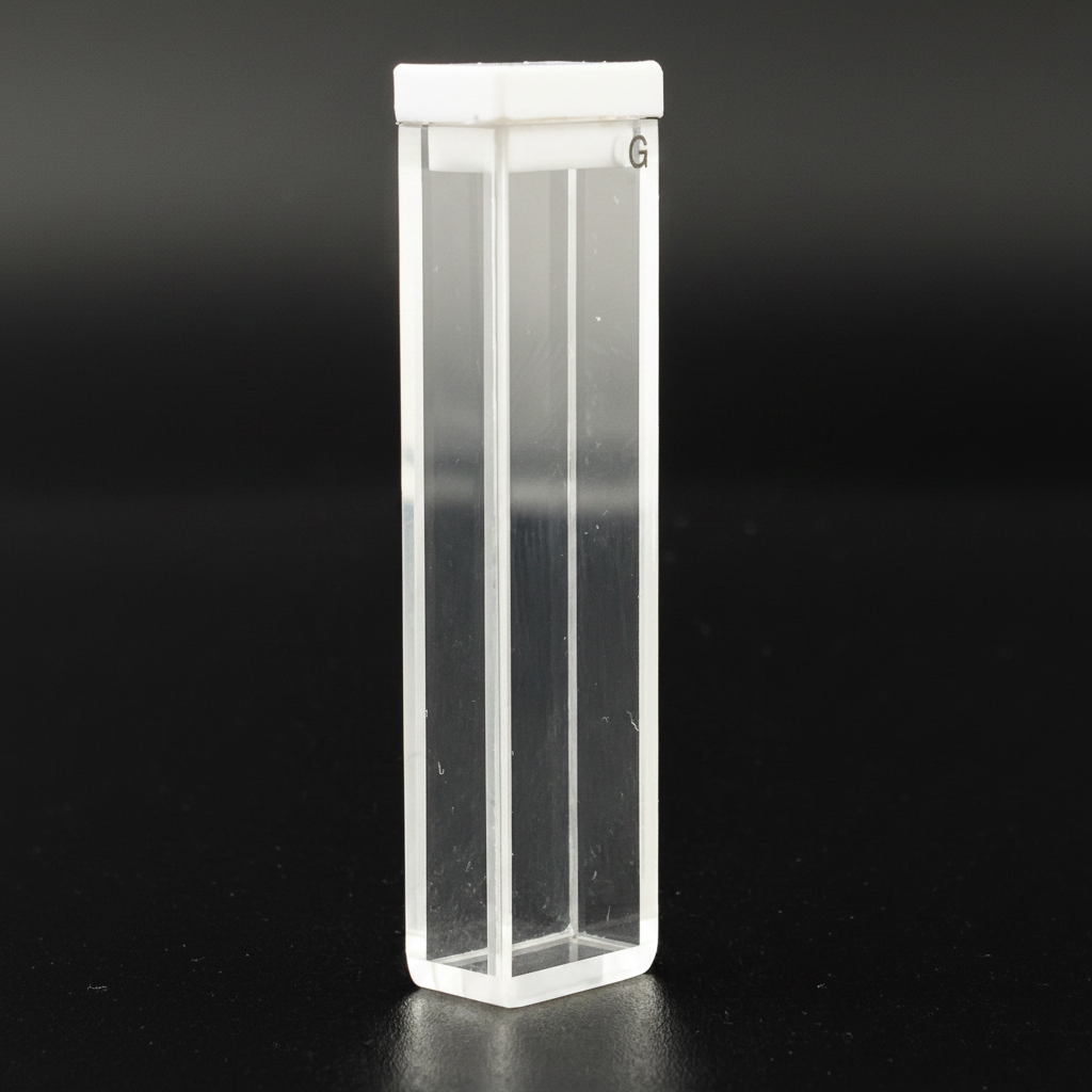 A clear rectangular plastic or acrylic sample tube with a white cap, standing upright on a black background.