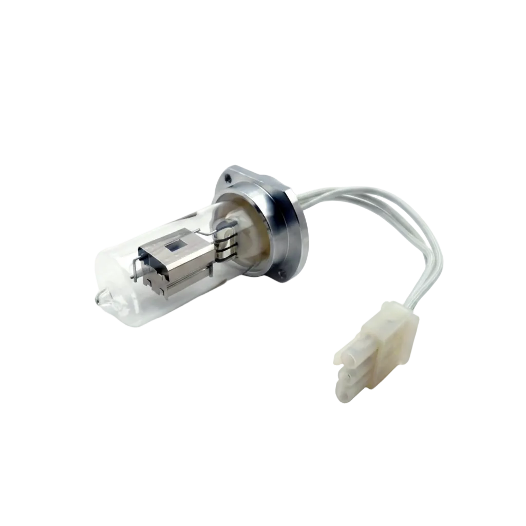 A car headlight bulb with a clear glass envelope, silver metal base, and attached white wire connector, photographed on a plain white background.