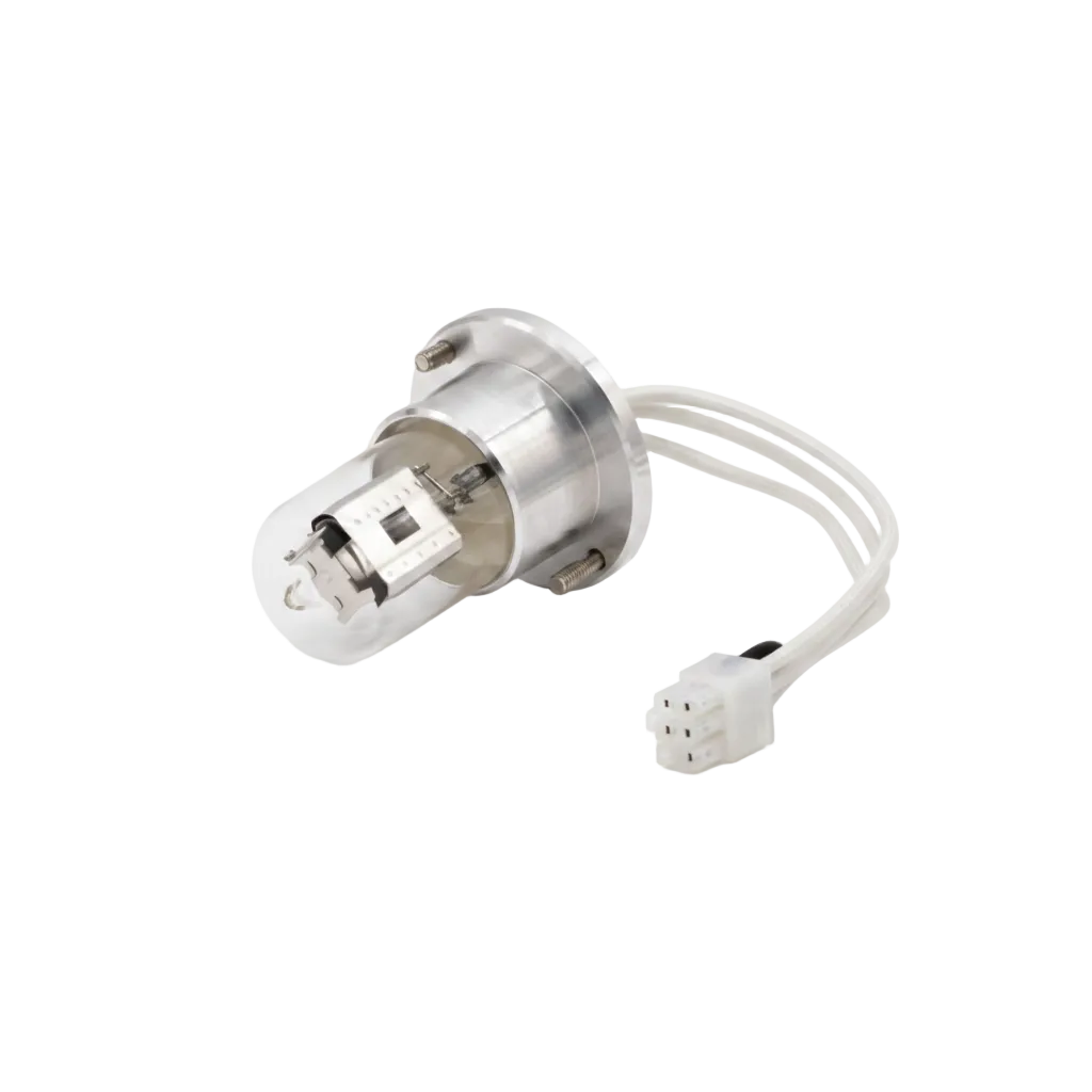 A small automotive light component with a clear glass envelope, silver metal base, and white wire connector, photographed on a clean white studio background.