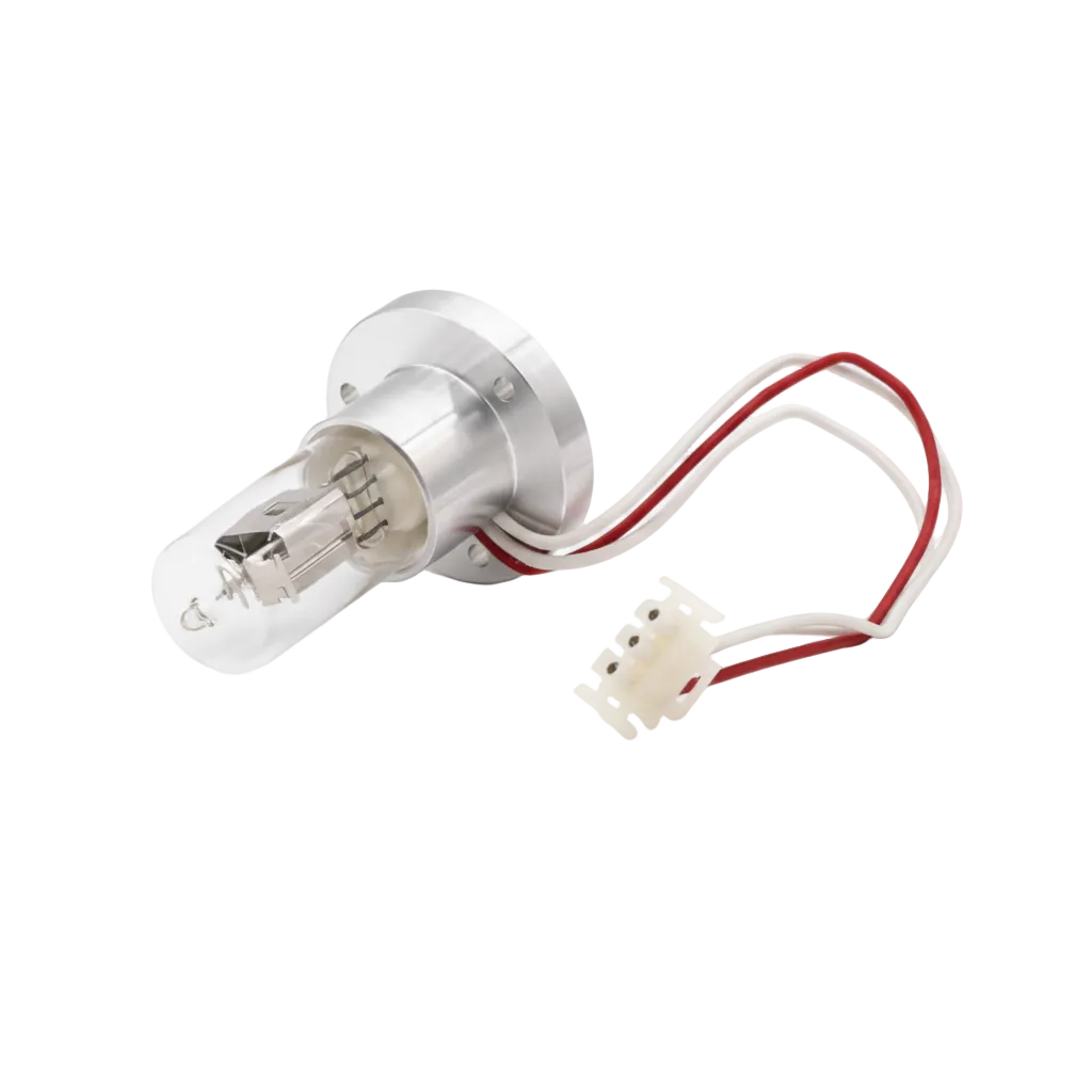 A clear glass automotive-style light bulb with a silver metal base and attached red-and-white wire leads ending in a small white connector, photographed on a clean white background.