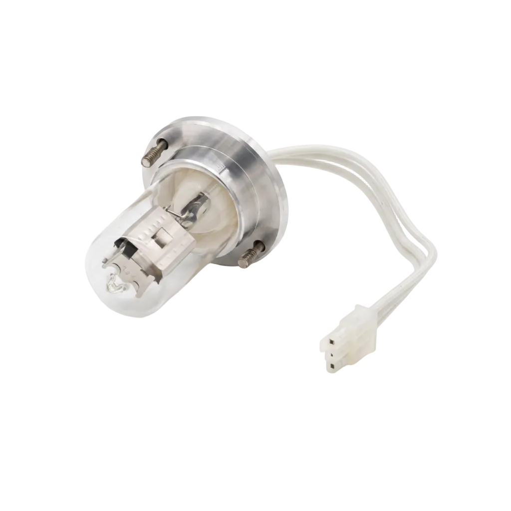 A clear glass automotive light bulb with a silver metal base and a white plastic connector wire, photographed on a clean white background.
