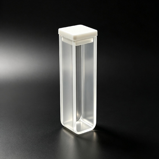 A clear rectangular plastic container with a white square lid, standing upright on a dark reflective surface against a black background.