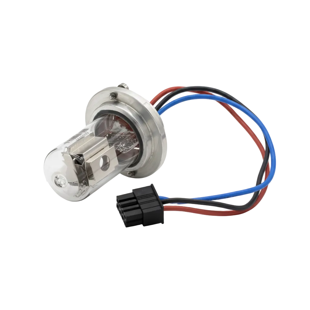 An Agilent 1290 DAD D2 car headlight bulb with a clear glass envelope, silver metal base, and three colored wires (blue, red, black) ending in a black connector, shown on a white background with text overlay.