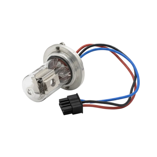 An Agilent 1290 DAD D2 car headlight bulb with a clear glass envelope, silver metal base, and three colored wires (blue, red, black) ending in a black connector, shown on a white background with text overlay.