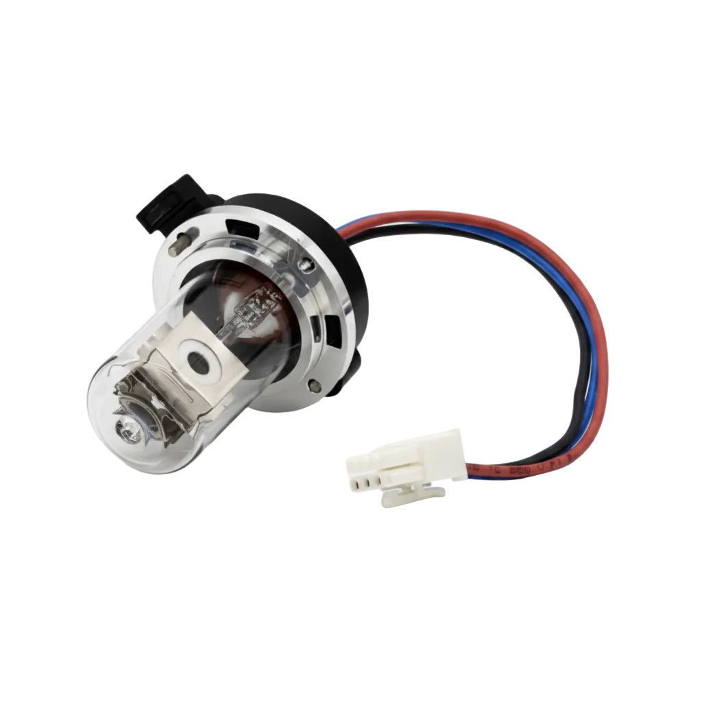 An Agilent 1290 DAD D2 lamp with an attached white connector and red, blue, and black wires, shown on a light gray background with text reading 'Agilent 1290 DAD D2 Lamp (RFID Tag)'.