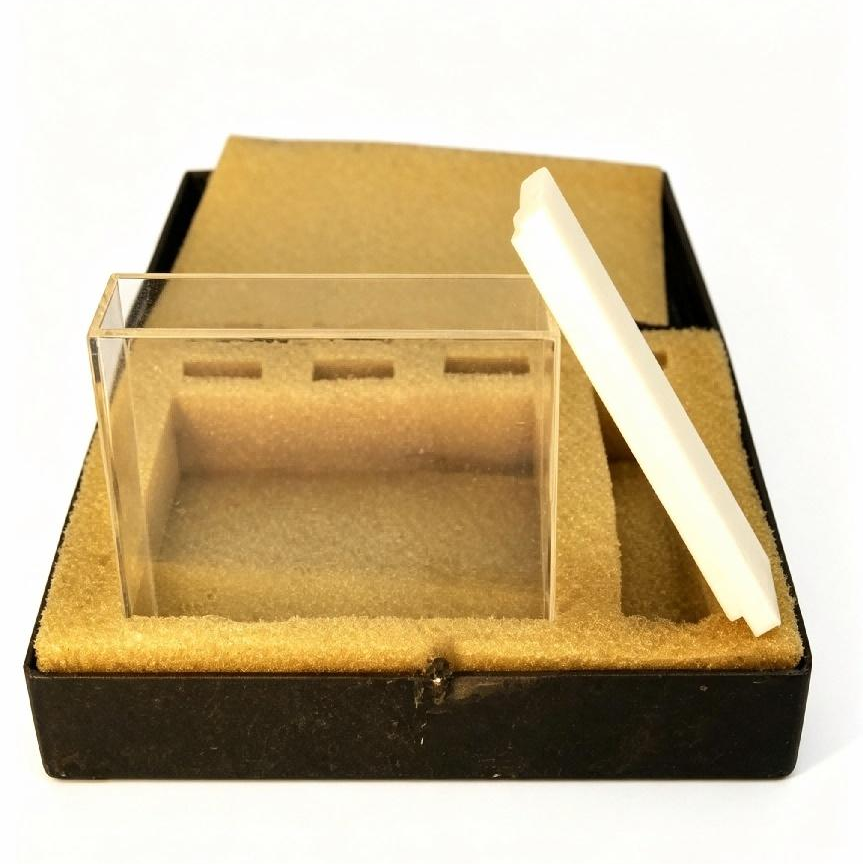 A clear acrylic display block with a white rectangular sample or insert, presented in a black foam-lined presentation box on a white background.
