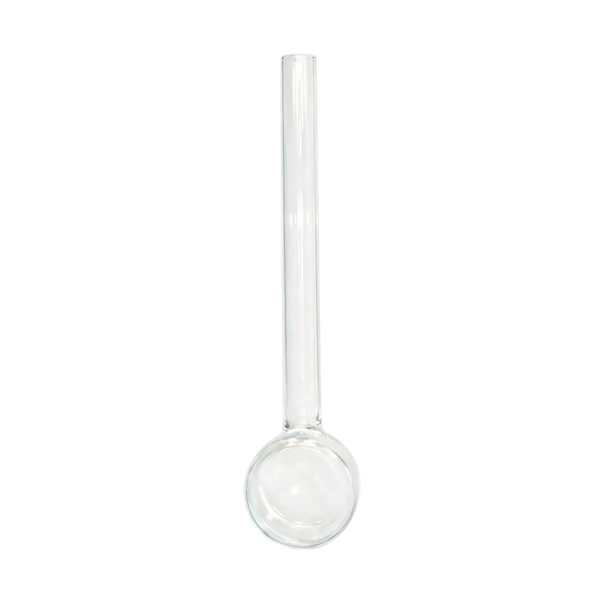 A clear glass stemware piece with a long cylindrical neck and a wide rounded bowl, shown on a plain white background.