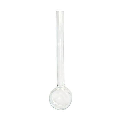 A clear glass stemware piece with a long cylindrical neck and a wide rounded bowl, shown on a plain white background.