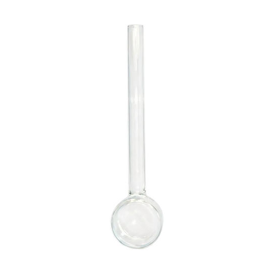 A clear glass stemware piece with a long cylindrical neck and a wide rounded bowl, shown on a plain white background.