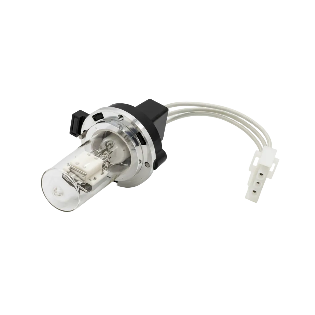 A replacement incandescent light bulb with a clear glass envelope, silver metal base, black plastic collar, and white wire connector, photographed on a clean white background.