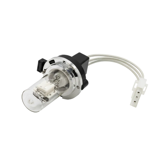 A replacement incandescent light bulb with a clear glass envelope, silver metal base, black plastic collar, and white wire connector, photographed on a clean white background.