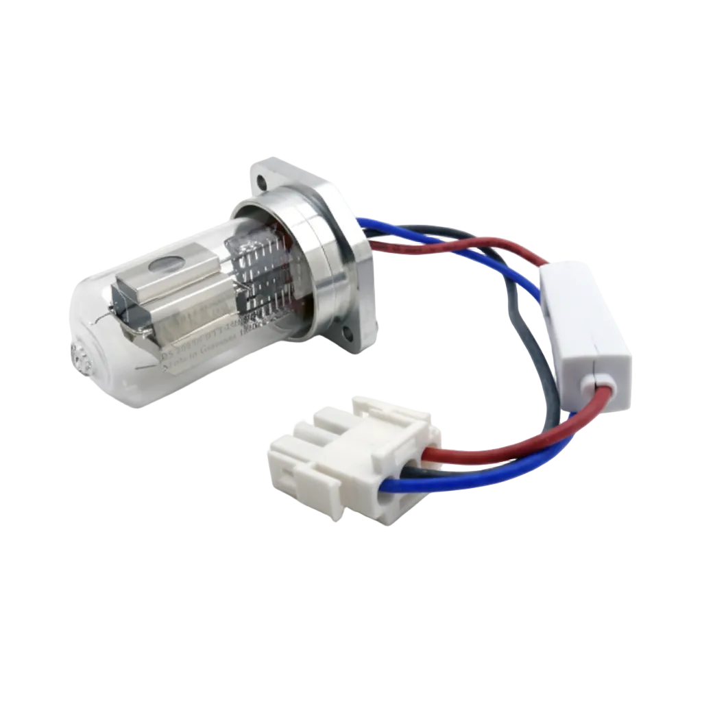 An Agilent 8452A UV lamp replacement part with a clear glass bulb, silver metal internal structure, and white plastic connector housings with red and blue wires, shown on a white background with text overlay.