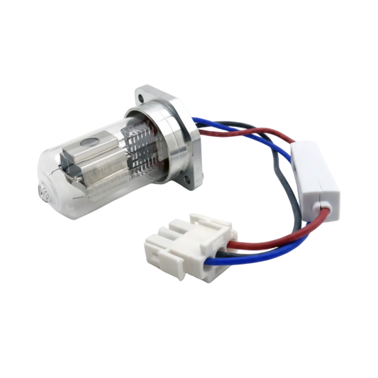 An Agilent 8452A UV lamp replacement part with a clear glass bulb, silver metal internal structure, and white plastic connector housings with red and blue wires, shown on a white background with text overlay.