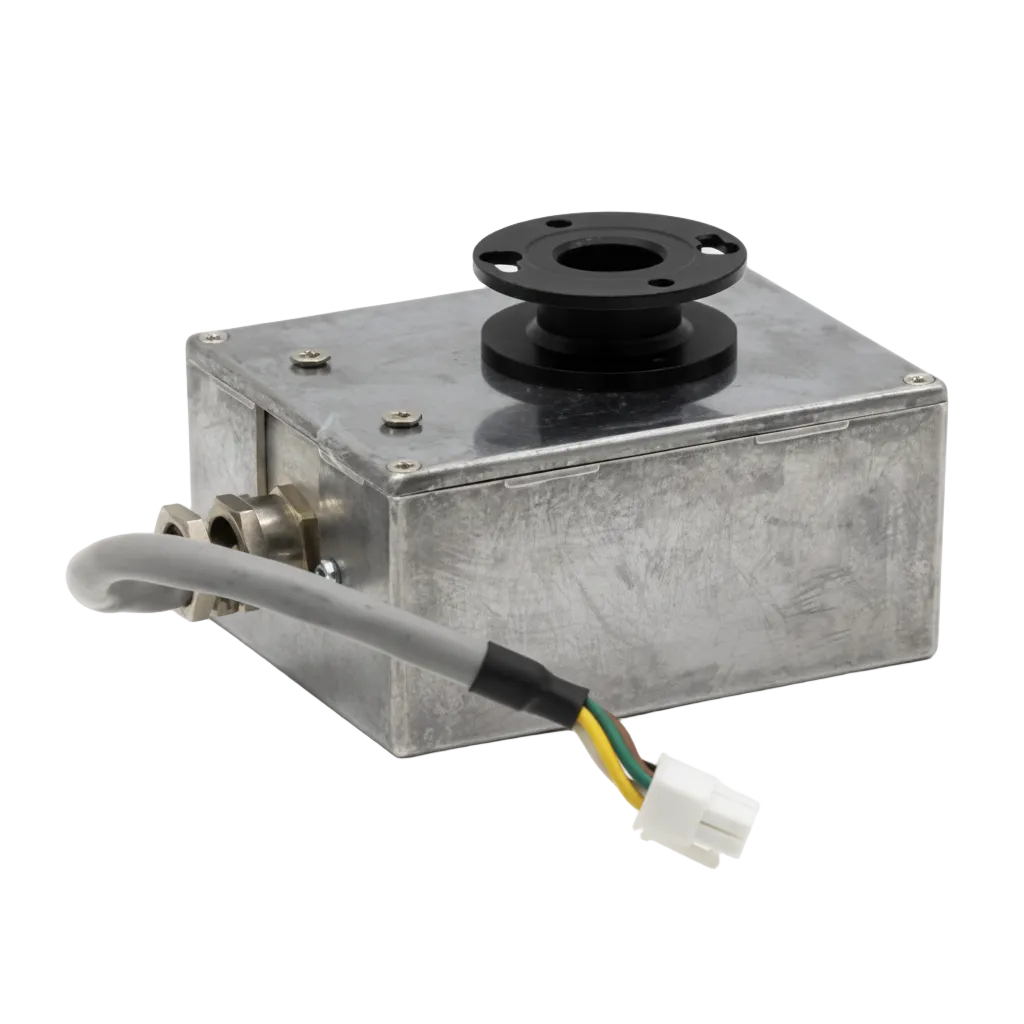 A rectangular galvanized metal lamp housing with a black circular top flange and a gray attached cable ending in a white connector, shown on a light gray background with the text 'AKTA UV-900 Lamp' below.
